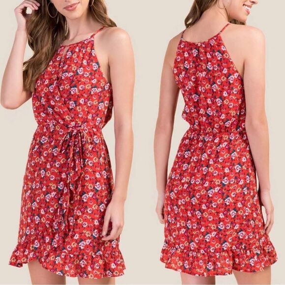 Harper Hertage red floral crepe split neckline wrap bodice ruffle skirt halter - Picture 1 of 9